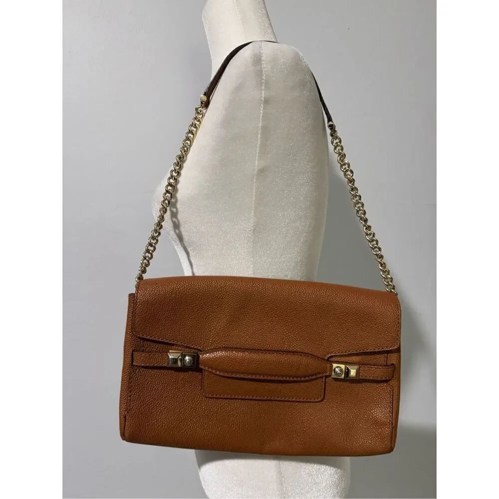 Henri Bendel brown shoulder bag gold tone hardware chain link accent